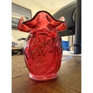 Fenton Vintage Cranberry Red Floral Art Glass Vase 5" Embossed Ruffled